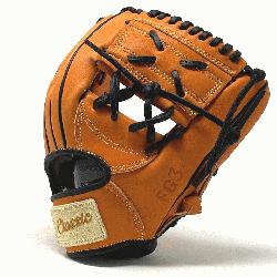 c 11 inch baseball glove is made with orange stiff Ame