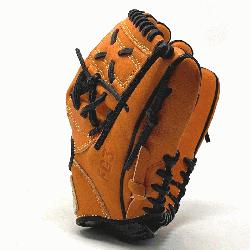 nch baseball glove is made with orange stiff American Kip leather black bind