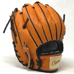 1 inch baseball glove is made with orange stiff American Kip leather black binding and rough we