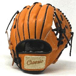 his classic 11 inch baseball glove is made with orange stiff American Kip leather black binding a
