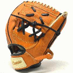 lassic 11 inch baseball glove is made with orange stiff American Kip leather with bla