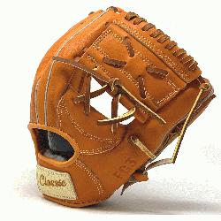 This classic 11 inch baseball glove is made with orange stiff American Kip leather. 