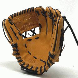 nch baseball glove is made with tan stiff American Kip leather black binding and rough welti