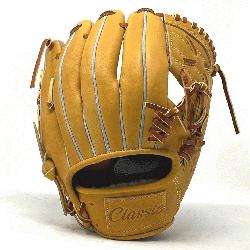 >This classic 11.25 inch baseball glove is made with tan stiff American Kip leather. 