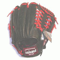 sional steerhide baseball glove with red laces modified trap web and open back.