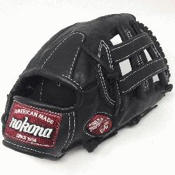 um steerhide black baseball glove with white stitching and h web. The Nokona L