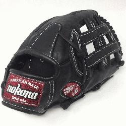 um steerhide black baseball glove with white stitching and h web. The Noko