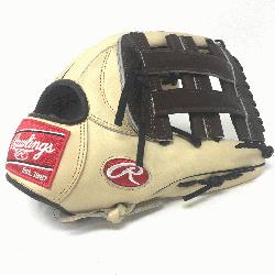 he Hide 12.75 inch baseball glove. H Web. Open Back. Camel with chocolate br