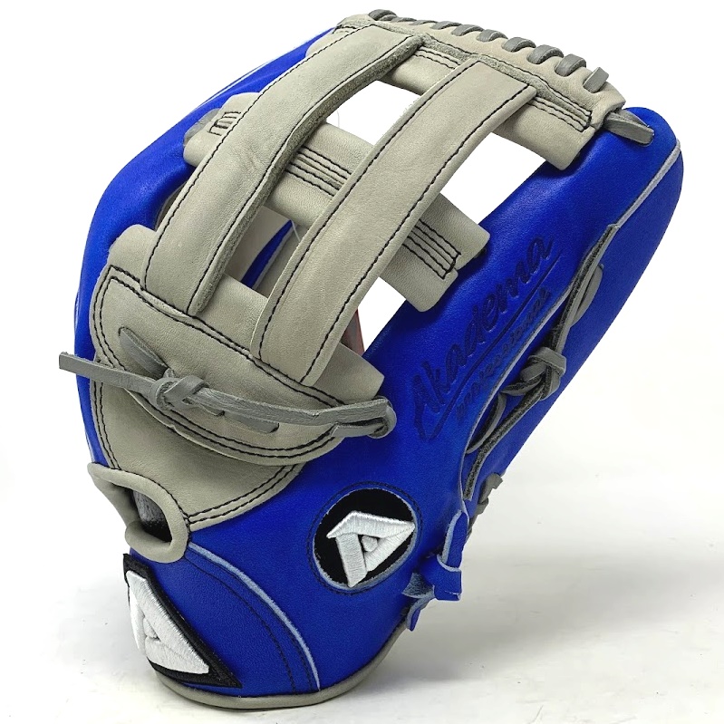 This ARZ 13 inch pattern baseball glove from Akadema has an H-Web, open back, deep pocket, royal blue back, and gray palm. Precision Kip leather is 20% lighter and tighter grained than steerhide. The Hides are harvested in Europe and tanned in Japan. The gloves are more pliable, easier to break in and have more tensile strength than previous Akademas.