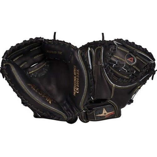 Introducing the Allstar Catchers Mitt CM3000SBK Pro, a 33.5-inch, right-handed throw mitt designed for excellence. Crafted with precision, this black CM3000 catchers mitt is made from exclusive Japanese tanned steer hide, ensuring exceptional quality. Each glove is meticulously handcrafted, making it a true work of art. The soft tan leather pocket enhances the mitt's feel, enabling a quick break-in period while providing that desired pop when catching pitches. Pitchers appreciate the added responsiveness it gives to their throws. Meanwhile, the black leather back offers the perfect balance of support for handling the ball and long-lasting durability. For improved comfort and reduced bulk, the adjustable locking tab back is a convenient feature. This innovative design element enhances the mitt's overall performance while ensuring a comfortable fit. With its 33 1/2-inch size, this mitt provides the ideal balance between versatility and control. The Allstar Catchers Mitt CM3000SBK Pro embodies excellence in every aspect. From its premium materials and meticulous craftsmanship to its superior feel and durability, this mitt is a top choice for serious catchers who demand the very best.  The most iconic mitt in professional baseball Exclusive, premium-grade Japanese steerhide leather All black leather for a stiffer feel Forms a great pocket with a loud pop pitchers love Player-preferred adjustable wrist closure     This is the exact mitt worn by many pros Stiffer black leather pocket still has the same distinct POP that Pro-Elite gloves are known for Adjustable hook and loop tab on the back of the hand for a personalized fit    MITT BREAK-IN: While this pro-level mitt may be initially stiff, investing some effort in breaking it in will yield satisfying results. We strongly advise against using any substances or steaming methods to expedite the process. The most effective way to break it in is through consistent usage.