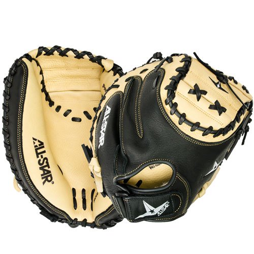 The All Star CM3031 Comp 33.5 Catcher's Mitt is a great choice for the beginner or recreational player looking for a dependable glove. It combines pre-softened tan leather on the inside of the mitt for easy break-in with a more durable black leather backing to give you the support and hand protection you need while behind the plate. Features: Black leather backing provides durable support Pre-softened leather on palm side of mitt Pro formed pocket with Flex Action crease for easy closure Velcro wrist closure for a snug fit Size: 33.5 Position: Catcher Web Pattern: Two-piece solid web Back: Open