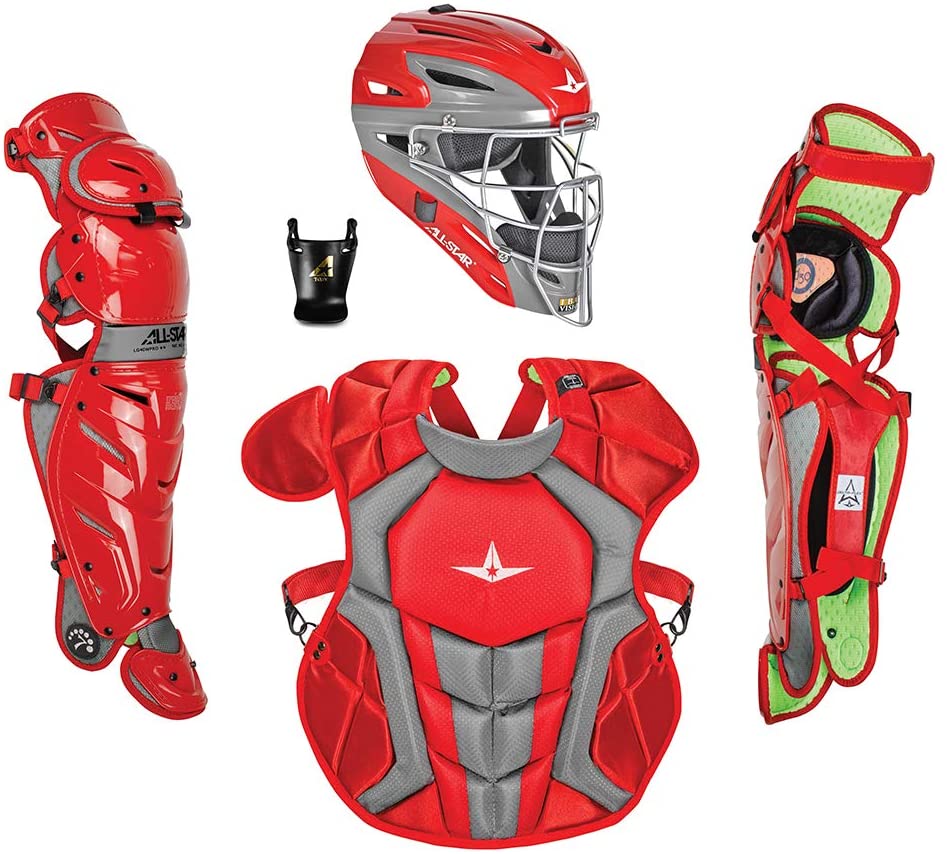 The All-Star System7 Axis Intermediate Catcher's Set meets NOCSAE safety standards and provides outstanding mobility and behind-the-plate protection. The Set includes an adult size NOCSAE approved helmet, a NOCSAE approved chest protector, leg guards, throat guard, equipment bag and wristbands. Recommended for male baseball players in the 12 to 16 age range. The helmet features a high impact-resistant ABS plastic shell, durable I-BAR steel mask for improved vision, back plate with strap for adjustable fit, removable and washable inner liner for comfort and it meets NOCSAE standard for safety. The helmet sizing fits hat sizes 7 - 7 1/2. The NOCSAE approved chest protector features diamond vents on back for lightweight breathable feel, internal PE protective plates for added safety, stainless steel matte black hardware, thin, form-fitting Delta Flex harness, improved break points for increased blocking and control. Chest protector size 15.5 inches. The leg guards feature LINQ pivoting hinge system for superior mobility, a wider, smoother knee for improved pivoting and sliding, diamond vents on back for lightweight breathable feel, repositionable center knee pad and stainless steel matte black hardware. Leg guard size: 14.5 inches.