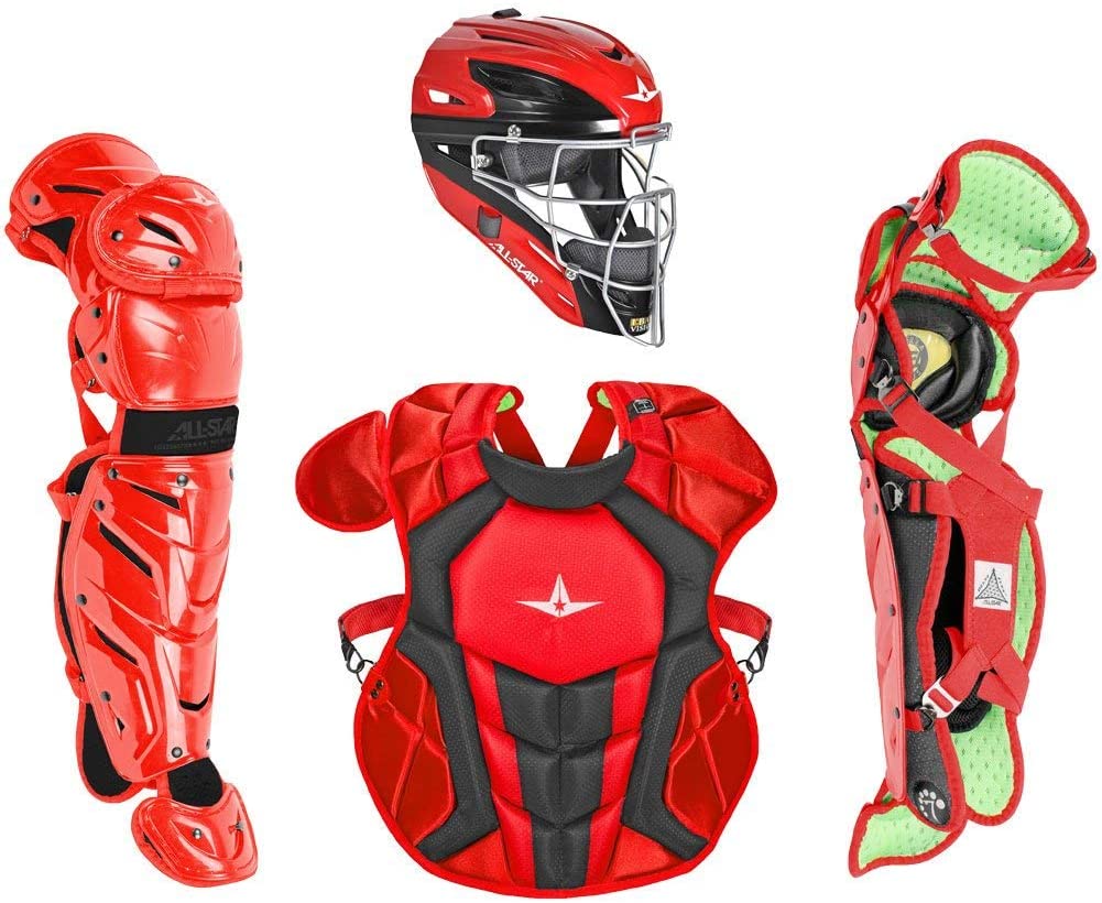      All Star Intermediate System7 Axis Elite Travel Team Catcher's Set Features * Set includes chest protector, leg guards, and hockey-style catcher's helmet * Recommended for players in the 12 to 16 age range A * Helmet * High impact-resistant ABS plastic shell * Durable I-BAR steel mask for improved vision * Back plate with strap provides secure fit * Removable, washable inner liner for comfort * Two-color gloss shell finish * Meets NOCSAE standard for safety * Size: Fits hat sizes A 7 to 7-1/2 * Chest Protector * Meets new NOCSAE standard for safety  * Diamond vents on back for lightweight breathability * Internal PE protective plates for added safety * Stainless steel matte black hardware * Thin, form-fitting Delta Flex harness * Improved break points for improved blocking and control * Size: 15.5 * Leg Guards * pivoting hinge system for superior mobility * Wider, smoother knee for improved pivoting and sliding * Diamond vents on back for lightweight breathability * Repositionable center knee pad * Stainless steel matte black hardware * Size: 14.5 Hockey-Style Catcher's Helmet The high-impact A ABS plastic shell sports a two-color A gloss finish with an I-BAR steel mask providing maximum protection and improved vision. Chest Protector This chest protector A contains internal protective plates that add extra protection from ball impacts, with break points for improved mobility and maneuverability. Leg Guards These leg guards feature a pivoting hinge system that improves mobility, and a wider design for improved sliding and pivoting.           