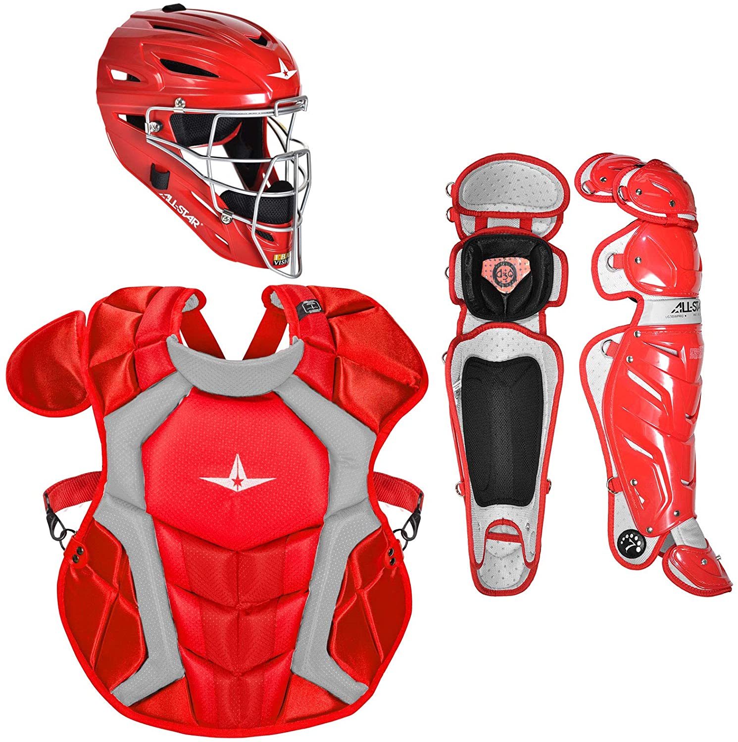 Gear-up with the System Seven Pro baseball catcher's package from All-Star Sporting Goods. All-Star is one of the most preferred brands for Major League catchers. Featuring the System Seven hockey style catcher's mask along with System Seven chest protector and leg guards. The System Seven Pro catcher's set is the same gear worn by many Major League Baseball catchers and other professionals. Recommended for ages 16 and Up. System Seven Catcher's Mask: - Model MVP2500 - (7 - 7 1/2 Hat Size) - NOCSAE Approved - Perfect Balance and Fit for a Weightless Feel - High-Impact Resistant ABS Plastic Shell with Increased Forehead Thickness - Backplate Designed to Keep the Snaps on - Moisture Wicking, Breathable and Machine Washable 3D Mesh Padding Liner - I-BAR Vision Steel Cage With Maximum Visibility S7 System Seven Chest Protector: - Model CPCC1618S7X - 16.5 Inch - Meets new NOCSAE chest protector standard / SEI Certified - Wedge Shaped Abs Knock Ball Straight Down - Extra Large Perforations in Back for Increased Breathability - Lightweight and Thin for Best Fit and Maximum Comfort - 4-Point Adjustable Delta-Flex Harness for Maximum Adjustability - Internal, Moldable PE Plates in Throat, Collar Bone and Sternum - Removable Groin Protector - Machine Washable System Seven Leg Guards: - Model LG30WPRO - 16.5 Inch - Super Lightweight and Durable - Adjustable D30 Knee Pad and Ergonomic Shin Pads - Triple Knee Protection - Extra Thick Plastic to Prevent Cracking - Moldable Shin Plastic for Custom Fit - Extra Large Perforations in Back Padding for Increased Breathability - Delta Flex Harness Secures Leg Guards in Place - Hand Washable