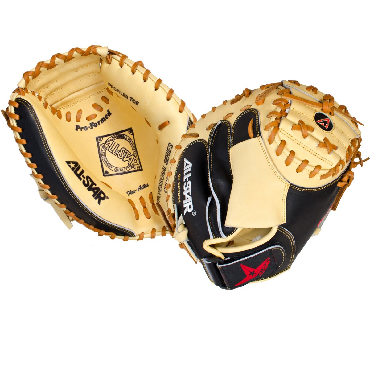 All Star CM1100PRO 31.5 inch Catchers Mitt Pro Grade (Right Hand Throw) : The CM1100PRO is a professional grade mitt designed for smaller hands. It features soft leather for faster break-in and a wide heel channel to make it super easy for youth catchers to close. Black and tan leather mimics the adult pro level mitt and uses similar cutting patterns. Deep pockets, Flex Action crease, velcro closure, and wrist protector included. CM1100PRO : Throws with right hand, wears on left. (31.5) mitt   The PRO-ADVANCED™ Catching mitts feature Japanese tanned US steer hide and heavy duty rawhide laces. The popular black/tan leather combination gives these mitts proper support and extended life. These mitts have extended pockets as well as adjustable Velcro openings. Great for advanced catchers in high school and college.  BREAKING IN YOUR MITT- This is a stiffer mitt intended for the serious player and will take a little work, but you will be rewarded for your effort. We recommend not putting anything on the mitt to help break it in (this includes steaming).  The best way to break it in is to simply use it.