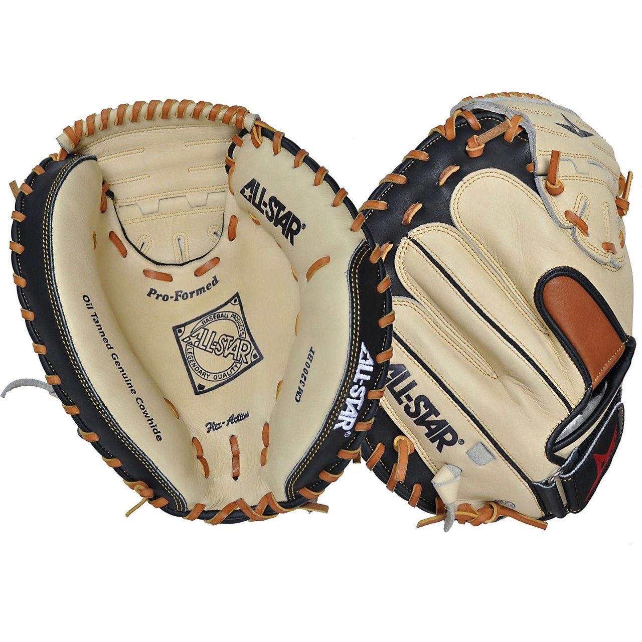 This All-Star CM1200BT catcher's mitt with a 31.5 inch circumference mitt, recommended exclusively for use by pre-teen ballplayers. It is built from high-quality cowhide leather, with heavy-duty rawhide laces and a two-piece, closed web design. The colorway is black and camel, and it features an index finger pad for protection and comfort. The conventional open back has an adjustable Velcro wrist strap for a secure fit. The mitt has a stiffer feel and will require a break-in period, but the flex-action crease with a wider heel channel helps younger hands close the mitt. The All Star Professional Series mitt is designed for fast break-in and hard use for even the longest, grueling seasons. It features selected premium tanned cowhide leather, US grade rawhide lacing, and a pro-formed pocket and profiled toe for maximum strength and durability. The contrasting index finger padding adds a special touch to this high-performing monster machine. Free shipping is included with purchase.    Designed to fit pre-teen ballplayers, this catcher's mitt has a 31.5 inch circumference and is recommended exclusively for use by catchers. The mitt has a two-piece, closed web design and is built from high quality cowhide leather with heavy duty rawhide laces for maximum strength and durability. The colorway of the mitt is black and camel, and it features an index finger pad for protection and comfort. The conventional open back with adjustable Velcro wrist strap ensures a secure fit for the player. The flex-action crease with a wider heel channel helps younger hands close the mitt, while the stiffer feel of the glove will require a break-in period. 