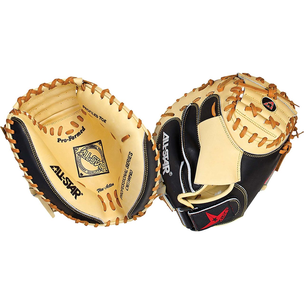 AllStar Pro Catchers Mitt (Cataloged at 35 looks like 34). This high performance line is designed for fast break-in time and hard play. The CM3100 Series features Japanese tannes US steer hide and heavey duty rawhide laces. The popular blacktan leather combination gives these mitts proper support and extended life. These mitts have extended pockets, adjustable Velcro openings, and even an attached wrist protector.