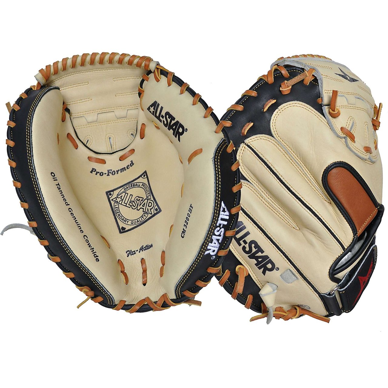 AllStar CM3200SBT 33.5 Catchers Mitt BlackTan (Left Handed Throw) : Allstar catchers mitt. The All Star commitment to innovation, advanced technology, outstanding craftsmanship and quality service keeps them at the forefront of the industry. No matter what level of ball you play, you need quality equipment and the All Star Professional Series delivers. This high performance line of mitts is designed for fast break-in and hard use. Equal to the top of the line of many other brands, these mitts feature selected premium tanned cowhide leather and US grade rawhide lacing for maximum strength and durability. This glove sports special contrasting index finger padding, Pro formed pocket, profiled toe and flex action which make this mitt not only a top performer, but a top value. So if you are a Pro or a Rookie, let All Star help revolutionize your game.