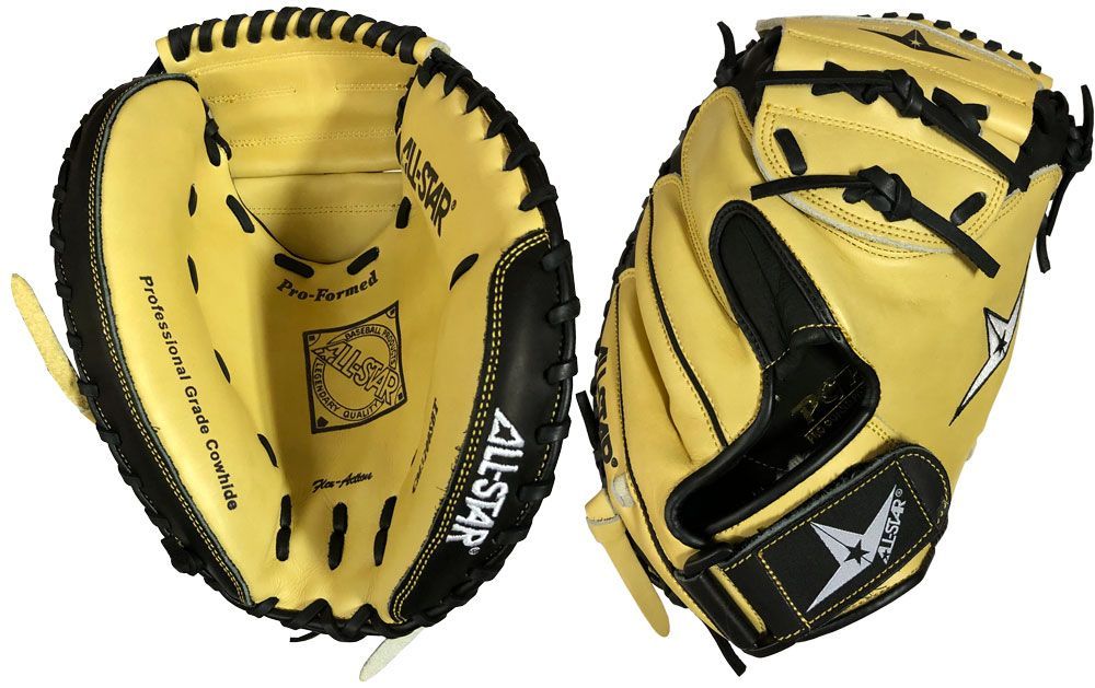 AllStar CM3200SBT 33.5 Catchers Mitt BlackTan (Right Handed Throw) : Allstar catchers mitt. The All Star commitment to innovation, advanced technology, outstanding craftsmanship and quality service keeps them at the forefront of the industry. No matter what level of ball you play, you need quality equipment and the All Star Professional Series delivers. This high performance line of mitts is designed for fast break-in and hard use. Equal to the top of the line of many other brands, these mitts feature selected premium tanned cowhide leather and US grade rawhide lacing for maximum strength and durability. This glove sports special contrasting index finger padding, Pro formed pocket, profiled toe and flex action which make this mitt not only a top performer, but a top value. So if you are a Pro or a Rookie, let All Star help revolutionize your game.