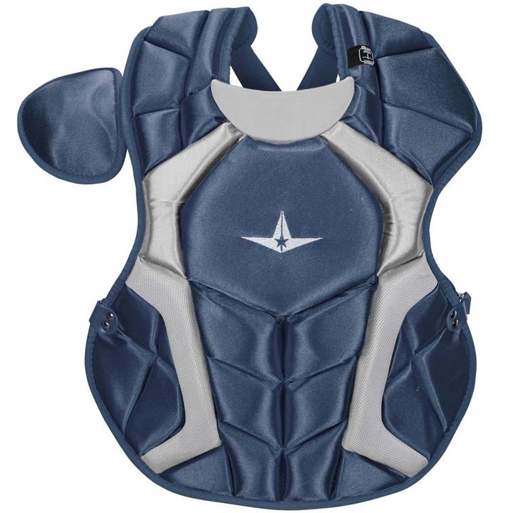 The S7™ Chest Protector is the only protector that has wedge shaped abs, which help knock a ball straight down when blocking. Designed to be light and thin, this chest protector has the absolute best fit and breathability compared to other chest protectors on the market. Players say it feels just like wearing a T-shirt! Internal moldable PE protective plates are inserted into the throat, collarbone, and sternum to keep those sensitive areas well protected. The longer you wear it, the more it will conform to a player's body. DeltaFlex Harness allows for maximum adjustability and comfort, fitting a wide range of body types. PRODUCT FEATURES Stainless steel matte black hardware Thinner and more form fitting DeltaFlex harness Improved break points which present a flatter surface for blocking and improving control. The chest protector should fit high, with the throat guard over the base of the neck. Equipped with the construction to pass the NOCSAE standard 