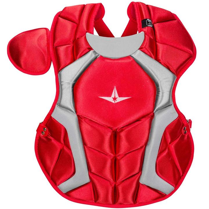 The S7™ Chest Protector is the only protector that has wedge shaped abs, which help knock a ball straight down when blocking. Designed to be light and thin, this chest protector has the absolute best fit and breathability compared to other chest protectors on the market. Players say it feels just like wearing a T-shirt! Internal moldable PE protective plates are inserted into the throat, collarbone, and sternum to keep those sensitive areas well protected. The longer you wear it, the more it will conform to a player's body. DeltaFlex Harness allows for maximum adjustability and comfort, fitting a wide range of body types. PRODUCT FEATURES Stainless steel matte black hardware Thinner and more form fitting DeltaFlex harness Improved break points which present a flatter surface for blocking and improving control. The chest protector should fit high, with the throat guard over the base of the neck. Equipped with the construction to pass the NOCSAE standard Adult: 16.5 All star chest protectors are measured from the top of the sternum (below the collar) to a player's navel