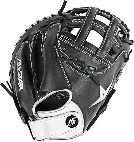 This AF-Elite Series catcher’s mitt is designed for advanced fastpitch catchers playing at an elite travel ball through college level. Its unique single hinge design allows the mitt to close naturally while maintaining a wide heel. For the player, the single hinge design increases the structure around the thumb, thus potentially minimizing impact on the thumb. Constructed with Japanese-tanned steer hide, this mitt will be stiff out of the box, but once broken in, it will maintain its shape and last for many seasons to come. Series: AF-Elite Age: Adult competitive Position: Catcher Web: 33.5” H-Web Back: Open back with Velcro strap Leather: Japanese-tanned steer hide