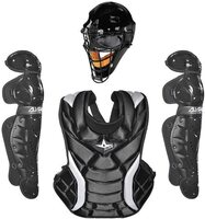 The Fastpitch Series Catcher's Set includes a catcher's mask, chest protector, leg guards, and equipment bag. Helmet - MVP2310: The dual density foam liner, ABS plastic shell, and steel cage. Padding is not removable. Meets NOCSAE Standards. Fits sizes 6 1/4 - 7. Chest Protector - CPW13PS: Designed for the intermediate softball catcher, the Women's Player's Series Chest Protectors have the same cut as All-Star's System Seven series, but are constructed with a more economy grade of materials. Size: 13. Leg Guards - LGW115FP: These double knee designed leg guards are great for beginners through intermediate softball catchers. Size: 11.5.