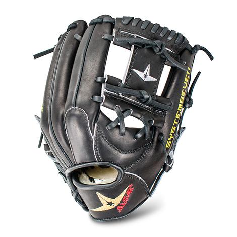 For years, All Star's catcher's mitts and equipment have been highly respected among baseball players who play the position. All Star has now expanded their line of fielders gloves with the introduction of the System Seven Series, catering to the most serious players who demand the best quality and performance. The System Seven Series gloves are constructed from the finest Japanese Maruhashi Black and Tan leather, known for its long-lasting durability and excellent feel. The solid black leather provides a slightly stiffer feel and a long-lasting glove. The 11.50 inch infield model features a conventional open back and a shallow pocket, designed for easy scooping and quick ball transfer. The Pro Guard Padding inside the glove provides a thin layer of extra padding in the palm that helps to reduce the sting of mis-caught balls, yet is thin enough to still allow the player to know right where the ball is in the glove. This feature is especially beneficial for players who want to improve their catching skills and reduce the impact of hard-hit balls on their hands. In conclusion, the All Star System Seven Series 11.50 inch infield glove is a top-of-the-line piece of equipment designed for serious baseball players who demand the best quality and performance. The gloves are made from the highest quality Japanese Maruhashi Black and Tan leather, and features Pro Guard Padding for extra protection and a conventional open back and a shallow pocket for easy scooping and quick ball transfer. The System Seven Series gloves are a perfect choice for players who want to take their game to the next level.