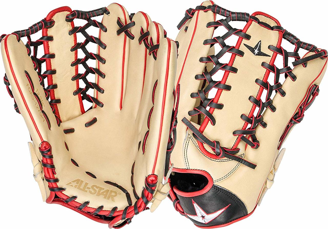 Patrol the outfield with confidence while wearing this 2019 All-Star Pro Elite baseball glove. Made of premium materials, patterns and feel for all positions, this glove in particular is ideal for outfield players. Its world-class, Pittard's leather palm lining offers a soft, buttery feel, so your glove feels like a natural extension of your hand. Made from Japanese tanned steerhide, it provides a fast break-in period and longer life to last you throughout the season. Its trapeze-style web provides a deep pocket, so it's perfect for outfielders tracking fly balls headed for the warning track. The cream-colored pocket and palm contrasts nicely with the black and red trim of this Pro Elite glove, and it looks great against any team uniform. Always Better Than The Best: All-Star! This 2019 All-Star Pro Elite baseball glove (FGAS-1275PTCBS) has a 12.75-inch opening, a trapeze-style web, leather laces and an open back for a traditional look. Pro Elite gloves like this one are designed for the serious baseball player ready to hone their skills this season.