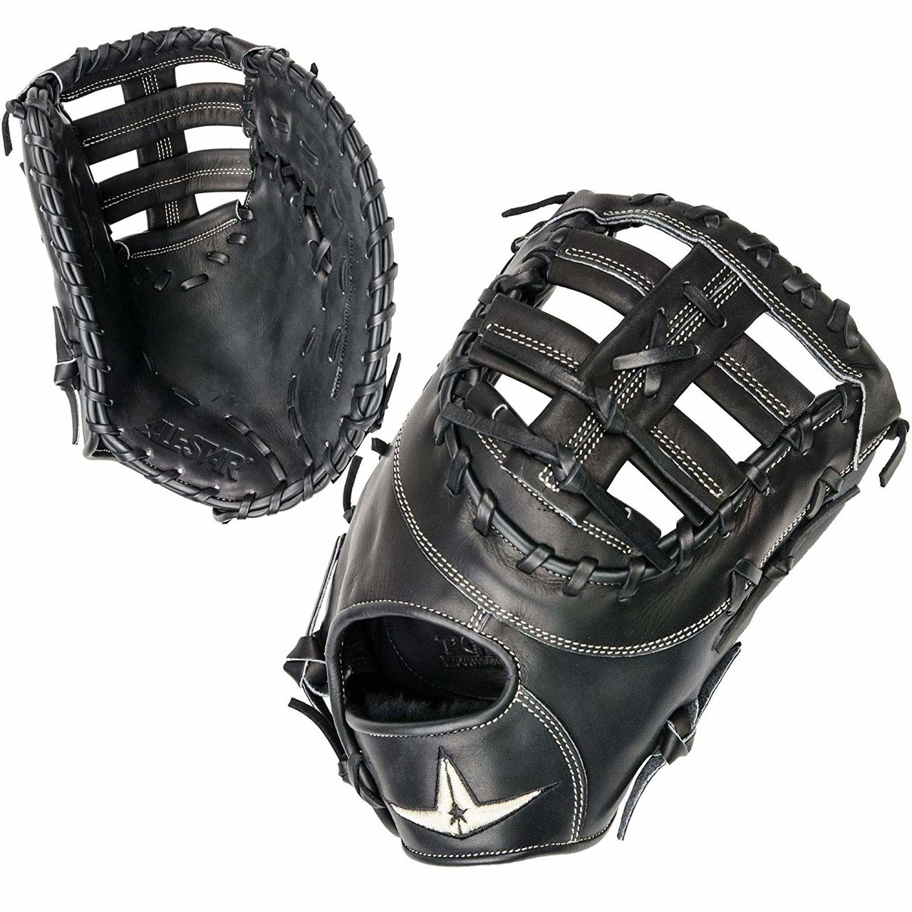 The All-Star Pro Elite glove is a natural addition to baseball's preferred line. Pro Elite fielding gloves provide premium level materials, patterns, and feel for all positions. Exclusive Japanese tanned steer hide delivers a fast, custom break in with professional level durability and performance. The world-class, Pittards leather palm lining delivers a buttery soft feel making the glove feel like a extension of the hand. - 13 Inch First Base Model - Single Post Web - Conventional Open Back - Japanese Black Leather - Pittards leather palm lining - Long Lasting Durability.