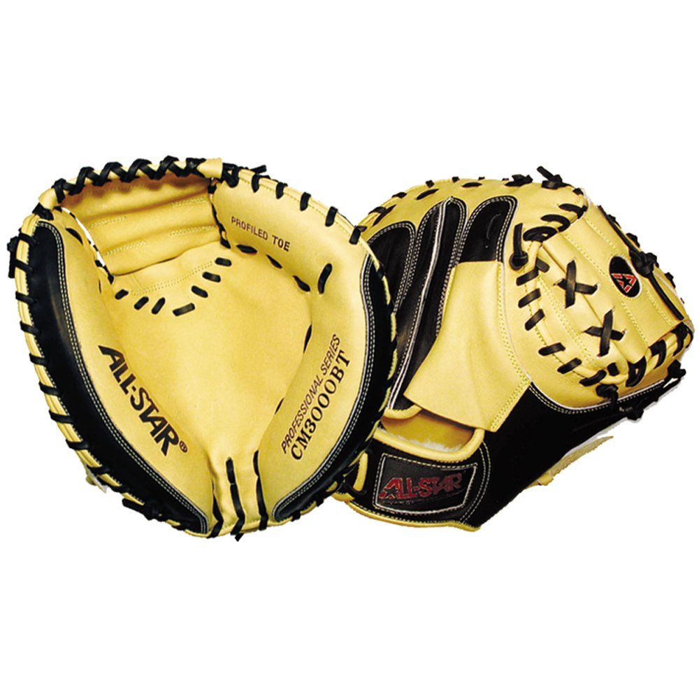 Introducing the All Star CM3000 Series Catcher's mitts, the top choice among both professional and amateur baseball catchers. These exceptional mitts are meticulously crafted using only the finest materials and hand craftsmanship. The exclusive Japanese tanned steer hide not only allows for a quick break-in period but also extends the mitt's lifespan. With a soft tan leather pocket, these mitts offer an incredible feel and give the ball that satisfying extra POP, much to the delight of pitchers. The black leather backing provides optimal support and durability, striking the perfect balance. Each catcher's mitt is a true work of art, individually handcrafted with precision. This mitt is favored by renowned players like Mike Napoli (Anaheim), Greg Tatum (Baltimore), Steve Lerud (Baltimore), Jason Varitek (Boston), Luis Exposito (Boston), Mark Wagner (Boston), Lou Marson (Cleveland), Wyatt Torregas (Cleveland), Bryan Pena (Kansas City), Ed Bellorin (Kansas City), Josh Thole (New York), Mike Rivera (New York), Rob Johnson (Seattle), Max Ramirez (Texas), Bengie Molina (Texas), Raul Chavez (Toronto), Jose Molina (Toronto), Koyie Hill (Chicago), Michael McKenry (Colorado), AJ Ellis (Los Angeles), George Kottaras (Milwaukee), Jonathan Lucroy (Milwaukee), Jesus Flores (Washington), Jamie Burke (Washington), Omir Santos (New York), and Brian Schneider (Philadelphia). The All Star CM3000BT Pro Elite Catcher's Mitt features a 35 catcher's pattern, designed to meet the needs of professional catchers. With its unbeatable combination of Japanese tanned steer hide, a soft tan leather pocket, and a sturdy black leather backing, this mitt guarantees an exceptional performance on the field. Each mitt comes with a 1-year manufacturer's warranty, ensuring your satisfaction.  The most iconic mitt in professional baseball Exclusive, premium-grade Japanese steerhide leather Forms a great pocket with a loud pop pitchers love Player-preferred adjustable wrist closure    All-Star Pro Elite When it comes to quality, the pros believe in the saying If it ain't broke, don't fix it. That's why serious catchers choose our Pro-Elite® mitts, known for their exceptional leather and proven pattern. All-Star players remain loyal to our mitts because they understand the importance of using tools of excellence. All-Star's tan leather, known for its supple nature, creates a remarkable pocket that catches the ball perfectly, producing a satisfying pop that pitchers adore. On the other hand, the black leather on the back offers stability throughout the entire season. Recently, All-Star solid black mitts have gained popularity. All-Star's team of professional #focus members informs us that pitchers are throwing harder each year. As a result, there has been a significant shift from our 33.5 mitt to our larger 34 size. Our #focus team reveals that not only are pitchers throwing faster, but they also have increased movement on their pitches. The slight increase in size provides a small margin for error and, perhaps, some peace of mind.