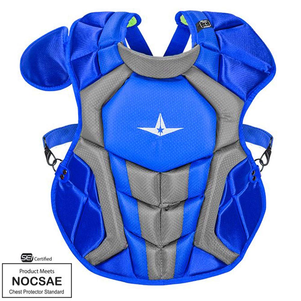      The All-Star age 12-16 royal chest protector is a top-of-the-line protective gear for young athletes. With a length of 15.5 inches, it is designed for intermediate players who need added protection on the field. The chest protector is certified by SEI to meet the new NOCSAE standard for protection against commotio cordis, a dangerous condition that can result from a blunt impact to the chest and cause cardiac arrest. Products that meet the NOCSAE standard have been shown to significantly reduce the risk of this occurrence, making this chest protector an essential piece of equipment for young athletes. The NFHS has already required the use of certified chest protectors starting January 1, 2020, and other leagues are expected to follow suit. In addition to its protective features, the All-Star royal chest protector is designed for comfort and mobility, allowing young athletes to perform at their best without sacrificing protection. So, whether you're playing in a game or practicing, make sure you have the best protection possible with the All-Star age 12-16 royal chest protector.         