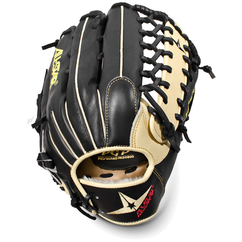 All Star FGS7-OF System Seven Baseball Glove 12.5 A dream outfielders glove The System Seven%99 FGS7-OF is a 12.5 Inch pro outfielder% pattern. This glove features a long and deep pocket great for gloving fly balls and snagging line drives. Feels like an extension of your arm that allows for maximum reach and control. Constructed with a foundation of high quality Japanese Maruhashi black and tan leather this glove is designed to be game ready fast yet hold its shape. Pro Guard Padding PGP in the palm lets you know that you have the ball but helps remove the the sting. Features 12.5 Inch Outfield Pattern Japanese Maruhashi Leather Conventional Back Modified Trap Web One Year Manufacturer s Warranty