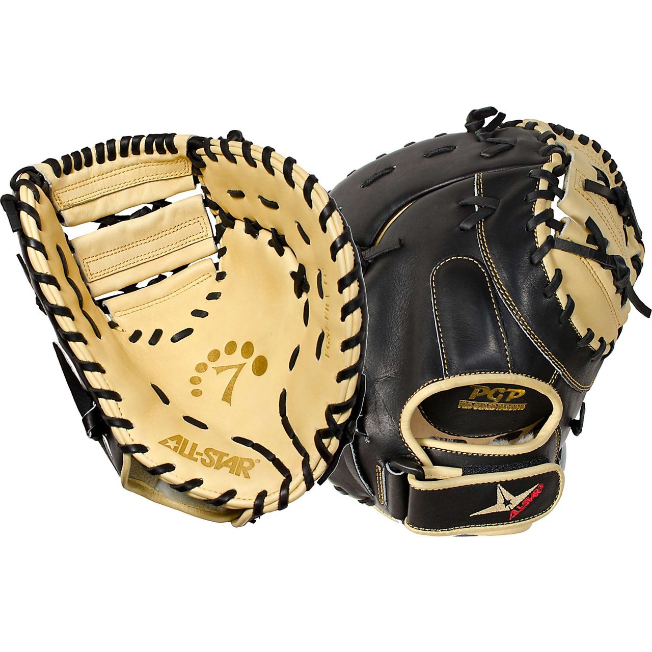 All Star System Seven FGS7-FB 13 Baseball First Base Mitt (Right Hand Throw) : Designed with the same high quality leather which made the CM3000 series catching mitts so popular, these System Seven fielding gloves have a similar personality: Fast break in and long lasting. High quality selection of Japanese Maruhashi black and tan leather. By design, All Star's tan leather breaks in fast and forms a great pocket. All Star lines the back of our gloves with black leather because it is more durable and stiffer, providing support for a long lasting glove. Pro Guard Padding provides a thin layer of extra padding in the palm area of the glove which helps kill the sting of a mis-caught ball. Pro Guard Padding is thin enough to still have enough feeling, so that you know exactly where the ball is located. System Seven fielding gloves are designed for specific position's needs. These gloves feel like an extension of your arm, empowering you with a long enough reach, maximum control, and complete confidence.