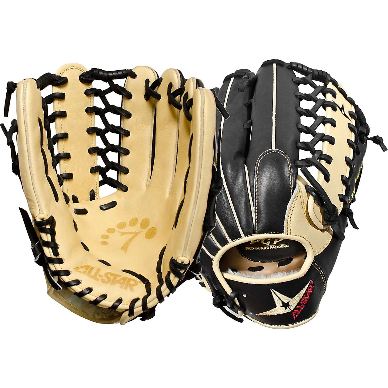 All Star System Seven FGS7-OF Baseball Glove 12.5 Inch (Right Handed Throw) : Designed with the same high quality leather which made the CM3000 series catching mitts so popular, these System Seven fielding gloves have a similar personality: Fast break in and long lasting. High quality selection of Japanese Maruhashi black and tan leather. By design, All Star's tan leather breaks in fast and forms a great pocket. All Star lines the back of our gloves with black leather because it is more durable and stiffer, providing support for a long lasting glove. Pro Guard Padding provides a thin layer of extra padding in the palm area of the glove which helps kill the sting of a mis-caught ball. Pro Guard Padding is thin enough to still have enough feeling, so that you know exactly where the ball is located. System Seven fielding gloves are designed for specific position's needs. These gloves feel like an extension of your arm, empowering you with a long enough reach, maximum control, and complete confidence.