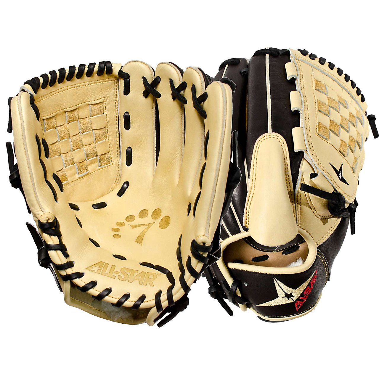 All Star System Seven FGS7-PT Baseball Glove 12 Inch (Right Handed Throw) : Designed with the same high quality leather which made the CM3000 series catching mitts so popular, these System Seven fielding gloves have a similar personality: Fast break in and long lasting. High quality selection of Japanese Maruhashi black and tan leather. By design, All Star's tan leather breaks in fast and forms a great pocket. All Star lines the back of our gloves with black leather because it is more durable and stiffer, providing support for a long lasting glove. Pro Guard Padding provides a thin layer of extra padding in the palm area of the glove which helps kill the sting of a mis-caught ball. Pro Guard Padding is thin enough to still have enough feeling, so that you know exactly where the ball is located. System Seven fielding gloves are designed for specific position's needs. These gloves feel like an extension of your arm, empowering you with a long enough reach, maximum control, and complete confidence.