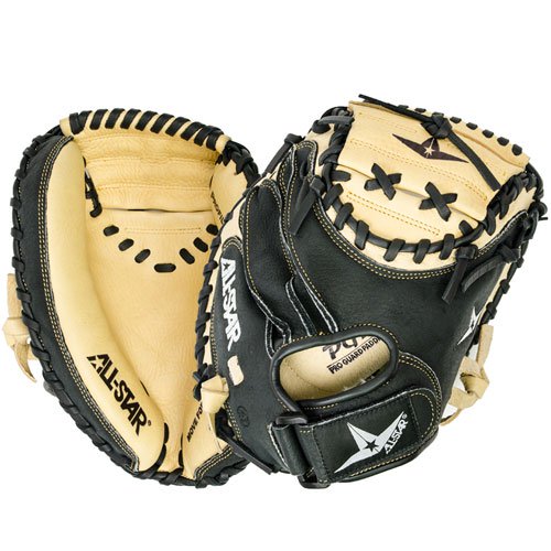 For an entry level mitt, the All Star CM1011 Youth Comp 31.5 Catcher's Mitt is an ideal choice to get your young player used to action behind the plate. It combines pre-softened tan leather on the inside of the mitt for easy break-in with a more supportive black leather backing to give the support and hand protection they need to gain confidence. Features: Black leather backing provides durable support Pre-softened leather on palm side of mitt Pro formed pocket with Flex Action crease for easy closure Velcro wrist closure for a snug fit Size: 31.5 Position: Catcher Web Pattern: Two-piece solid web Back: Open