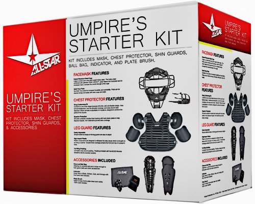 The All-Star CK-UMP Umpire's Starter Kit Black. The All-Star CK-UMP Umpire's Starter Kit is the complete umpire package containing a facemask, chest protector, leg guards, ball bag, plate brush and an indicator. Kit Includes: CPU25 (Chest Protector) The CPU2 is an entry level umpire chest protector. It has a standard foam ribbed front, with plastic molded shoulders backed with foam. Arm extensions slide onto arms and are secured with an adjustable elastic band. Y-Back Harness holds chest protector securely in place. Size: 17 inches Color: Black LP1 (Leg Guards)Single knee cap with extended laminated padding. Wraparound shins and three harness straps keep this leg guard secure. Size: 17 inches Color: Black FM25 (Facemask) Traditional Umpire Face mask Standard wire frame Soft vinyl pad cover Color: Black Umpire UBB2K-GR Accessory Kit Indicator Plate Brush Ball Bag