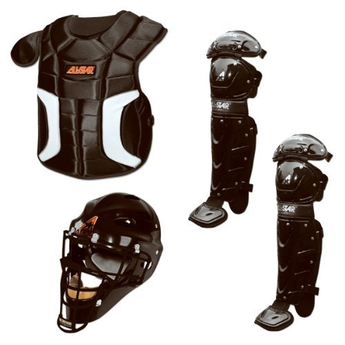 All-Star fixed together these kits to provide a new catcher with a whole set of gear to get them up and running. There is no finer equipment made. If you are serious about your position you need to be serious about your protection. All-Star gives you the comfort, mobility, and protection you need to perform.Player's Series Kit Includes: MVP catcher's helmet, chest protector, leg guards and an equipment bag. Mitt not included. Ages: 12-16 Colors: Black, Royal, Scarlet, Navy Player's Series MVP Model MVP2300 NOCSAE Approved Hockey Style Catcher's Mask - Adult (7 - 7 34 Hat Size) Player's Series Chest Protector Model CP1216PS - 15.5 Inch Player's Series Leg Guards Model LG1216PS - 14.5 Inch