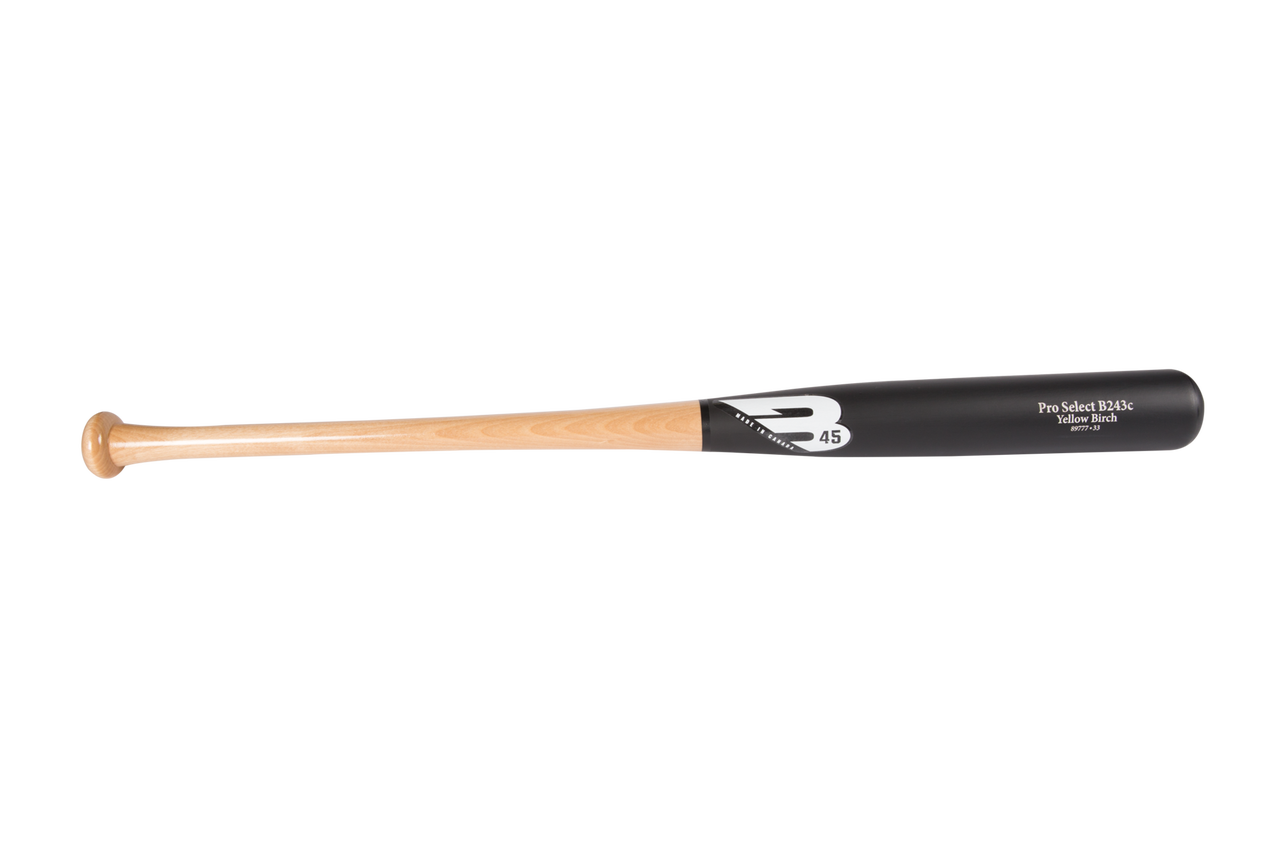 30-day warranty included Handle: 0.94 in Barrel: 2.51 in (large) Weight Ratio: -3 Knob: Regular Type of bat: Top-heavy Handcrafted from Pro Select Yellow Birch Label Color: White This is B45’s modified version of the B243. Our B45 production crew created the B243c which has a slightly smaller barrel than the original 243 and a regular size knob. This model is a popular choice for those looking for an end loaded bat to whip through the hitting zone. Having one of the biggest barrels we provide, this bat is for the experienced hitter.