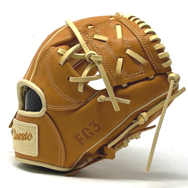 This classic 10 inch trainer baseball glove is made with tan stiff American Kip leather. Smaller hand opening or tapered wrist opening.  One piece web, open back, light weight, and stiff leather.    5 stars on the side of the glove representing the 5 tools of great baseball players.  Speed Power Hitting for power Fielding Arm strength 