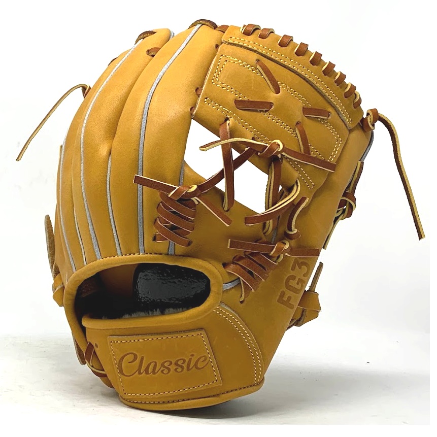 This classic 11.25 inch baseball glove is made with tan stiff American Kip leather. Unique anchor laces add style and flare to the design. One piece web, open back, light weight, and stiff leather make this glove great for infield or just playing catch.    5 stars on the side of the glove representing the 5 tools of great baseball players.  Speed Power Hitting for average Fielding Arm strength 