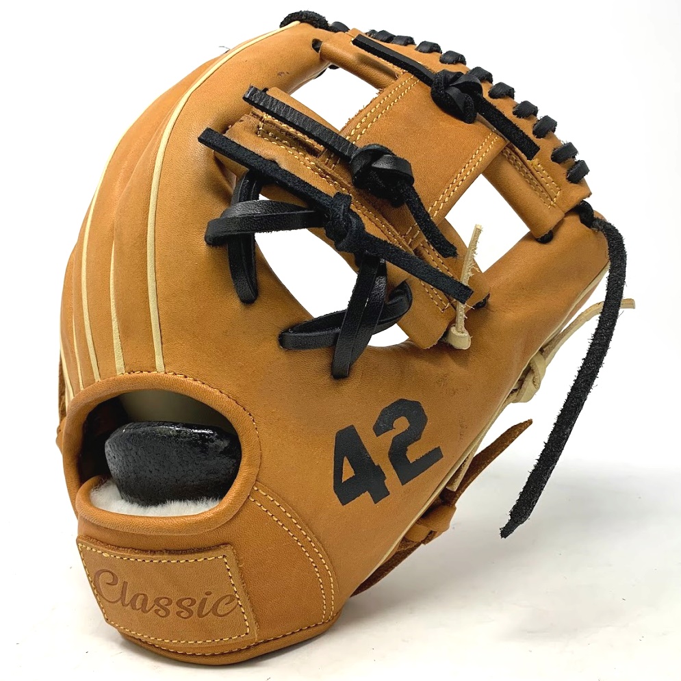 This classic 11.5 inch baseball glove is made with tan stiff American Kip leather. I Web, open back, light weight, and stiff leather make this glove great for infield or just playing catch.    5 stars on the side of the glove representing the 5 tools of great baseball players.  Speed Power Hitting for power Fielding Arm strength 