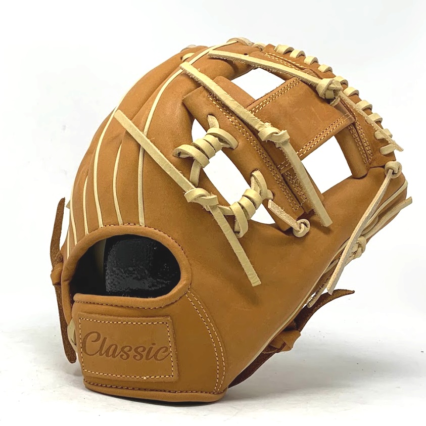 This classic 11.5 inch baseball glove is made with tan stiff American Kip leather. Spiral I Web, open back, light weight, and stiff leather make this glove great for infield or just playing catch.    5 stars on the side of the glove representing the 5 tools of great baseball players.  Speed Power Hitting for power Fielding Arm strength 