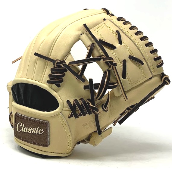 This classic 11.5 inch baseball glove is made with blonde stiff American Kip leather. Unique anchor laces add style and flare to the design. One piece web, open back, light weight, and stiff leather make this glove great for infield or just playing catch.    5 stars on the side of the glove representing the 5 tools of great baseball players.  Speed Power Hitting for power Fielding Arm strength 