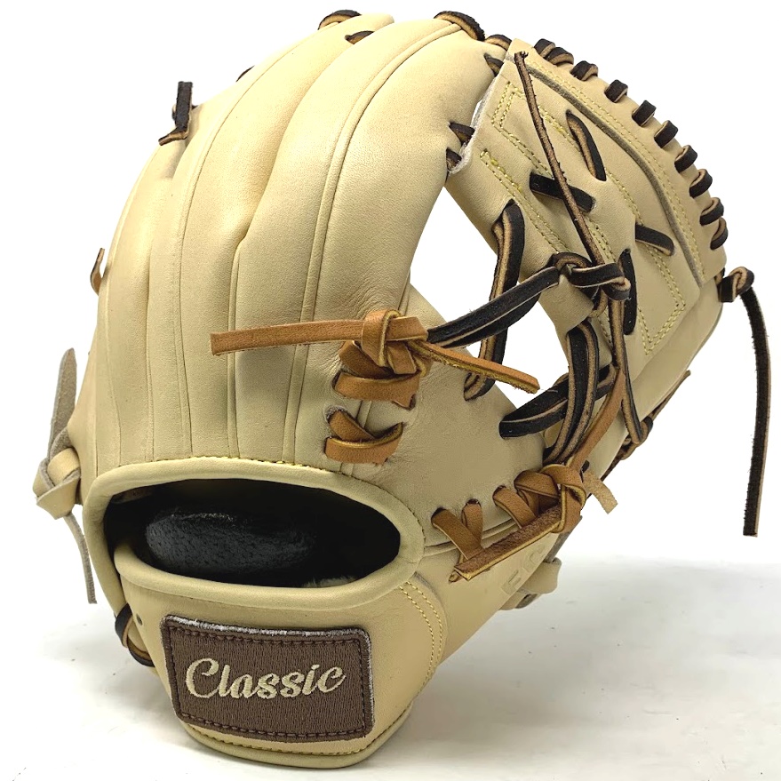 This classic 11.5 inch baseball glove is made with blonde stiff American Kip leather. Unique anchor laces add style and flare to the design. One piece web, open back, light weight, and stiff leather make this glove great for infield or just playing catch.    5 stars on the side of the glove representing the 5 tools of great baseball players.  Speed Power Hitting for power Fielding Arm strength 
