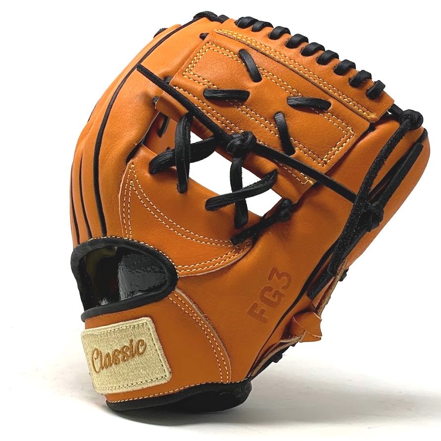 This classic 11 inch baseball glove is made with orange stiff American Kip leather, black binding, and rough welting. One piece web, open back, light weight, and stiff leather make this glove great for infield or just playing catch.    5 stars on the side of the glove representing the 5 tools of great baseball players.  Speed Power Hitting for average Fielding Arm strength 