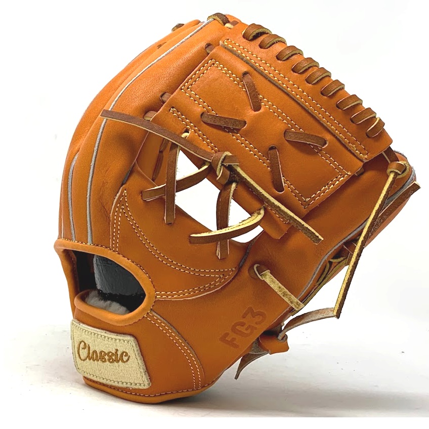 This classic 11 inch baseball glove is made with orange stiff American Kip leather. with rough welt. One piece web, open back, light weight, and stiff leather make this glove great for infield or just playing catch.    5 stars on the side of the glove representing the 5 tools of great baseball players.  Speed Power Hitting for average Fielding Arm strength 