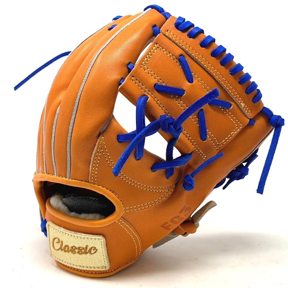 This classic 11 inch baseball glove is made with orange stiff American Kip leather, royal tanners laces, and with rough welt. One piece web, open back, light weight, and stiff leather make this glove great for infield or just playing catch.    5 stars on the side of the glove representing the 5 tools of great baseball players.  Speed Power Hitting for average Fielding Arm strength 