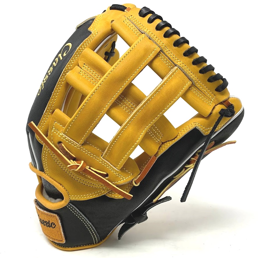 This classic 12.75 inch baseball glove is made with tan stiff American Kip leather. Unique leather finger tips add style and flare to the design. H web, open back, light weight, and stiff leather make this glove great for outfield or just playing catch.    5 stars on the side of the glove representing the 5 tools of great baseball players.  Speed Power Hitting for power Fielding Arm strength 